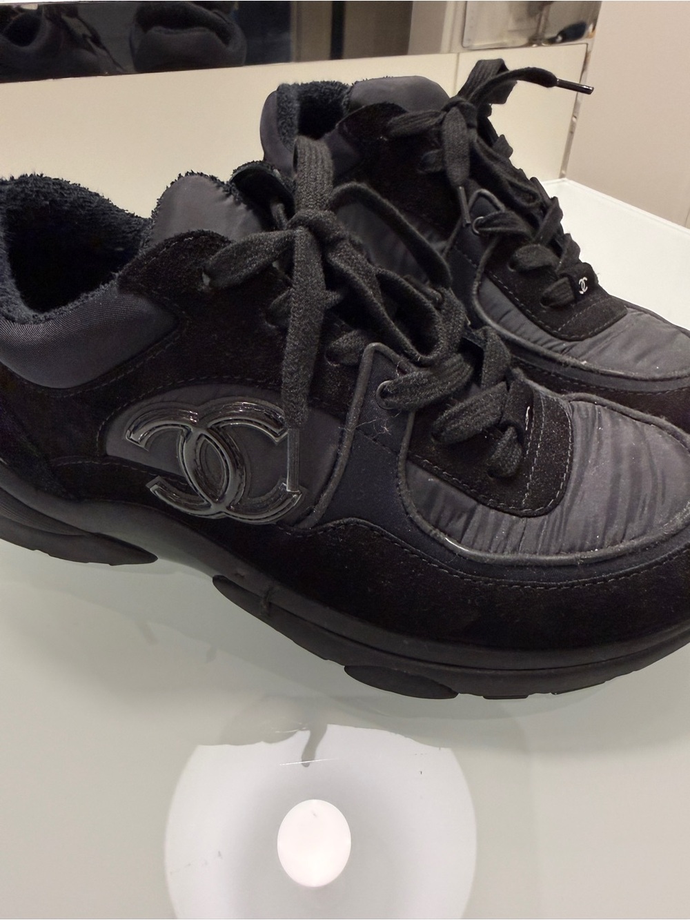 CHANEL Black Suede & Nylon Logo Sneakers